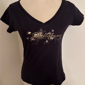 Vintage Billabong Black and Gold V-Neck Women's Tee Size Large